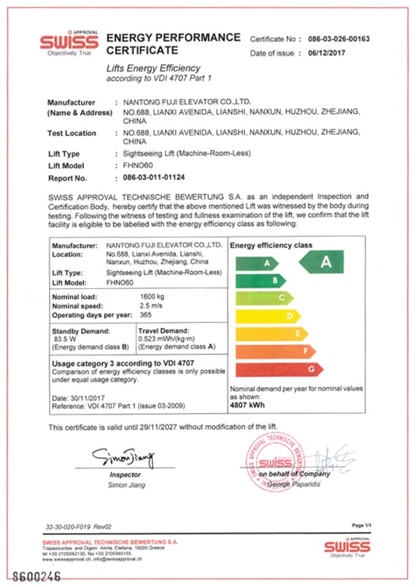 Certificado de Eficiencia Energética para Ascensor de Ascensor de Observación (sin Cuarto de Máquinas)