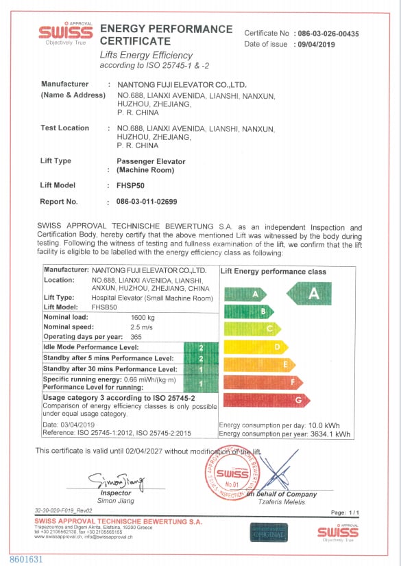 Certificado de Eficiencia Energética para Ascensor de Pasajeros (Cuarto de Máquinas)